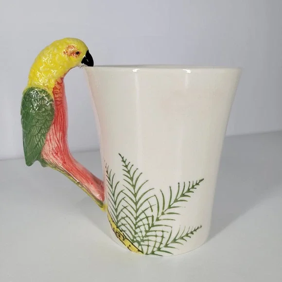 Pier 1 Imports Parrot Handle Mug Handpainted Stoneware Tropical Bird Coffee Cup - Picture 2 of 8